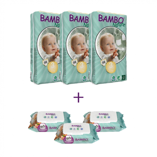 3x Bambo Nature Baby Diapers tall, Size 3 (5-9Kg), 66 Count, + 3x Bambo Nature Wet Wipes 80 count