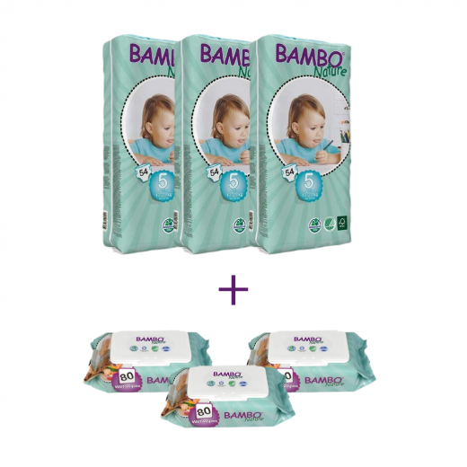 3x Bambo Nature Baby Diapers Classic, Size 5 (12-22Kg), 54 Count, + 3x Bambo Nature Wet Wipes 80 count