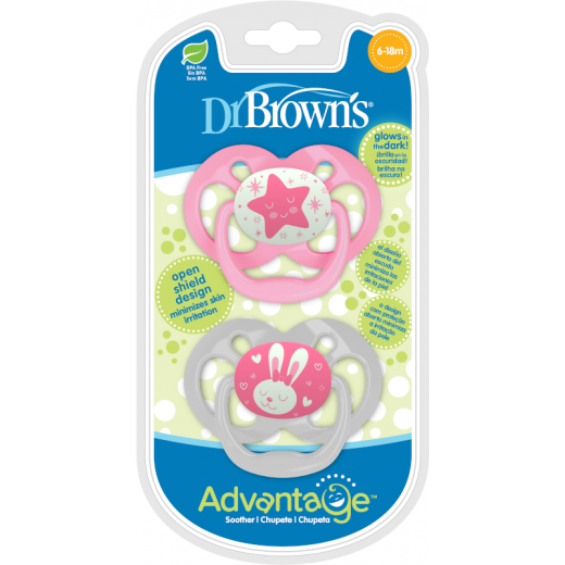 Dr. Brown's Advantage Pacifier - Stage 2, Glow in the Dark, 2-Pack, Pink
