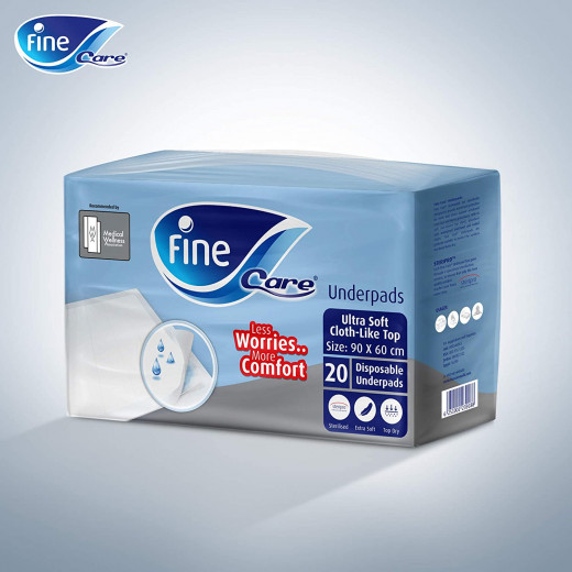 Fine Care, Disposable Underpads, Ultrasoft Cloth-Like Top, Size 60 x 90 cm, Pack of 20