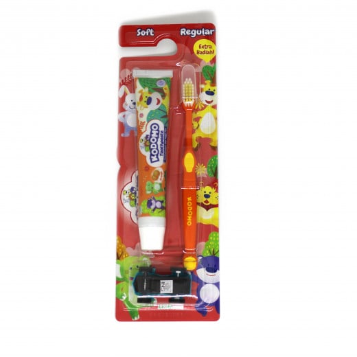 Kodomo 2 in 1 Zig Zag Brush and Toothpaste with Free Small Gift, Orange
