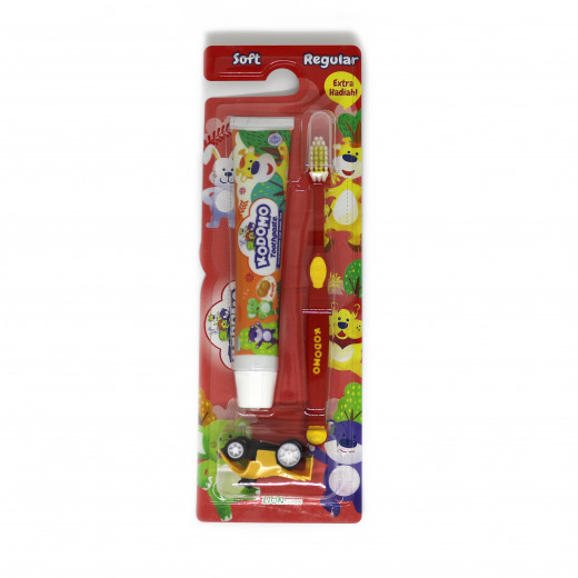 Kodomo 2 in 1 Zig Zag Brush and Toothpaste with Free Small Gift, Red