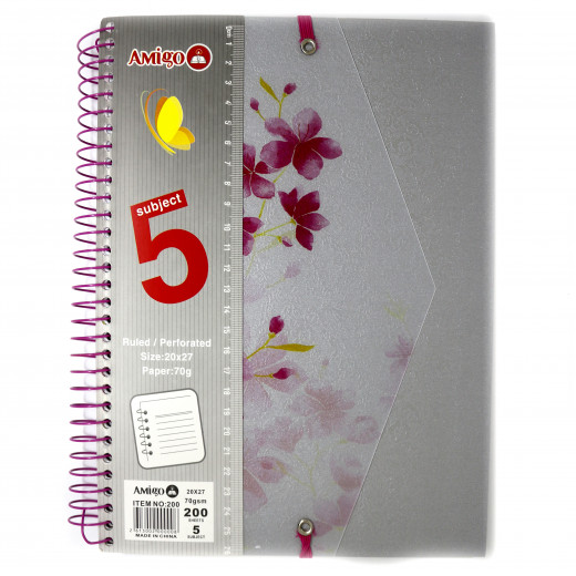 دفتر ملاحظات مع سلك بتصميم الزهور اللون الرمادي من أميجو: 200 صفحة,5 أقسام