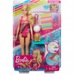 Barbie Dreamhouse Adventures Swim ‘n Dive Doll, 11.5-inch in Swimwear, with Diving Board and Puppy