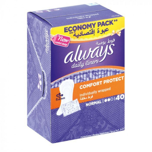 Always Daily Liners Comfort Protect Individually Wrapped Normal, 40 Pads