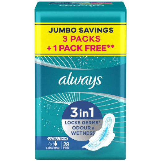 Always Ultra Thin Extra Long Sanitary Pads With Wings - 28 Pieces