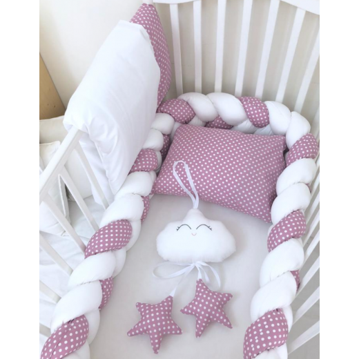 طقم سرير أطفال حديثي الولادة من أنيت ، أبيض ووردي مع نقاط بيضاء