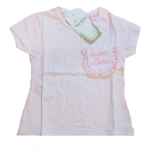Baby Pink Short Sleeves Girls T-shirt with Sweet Love Design, 12 Months
