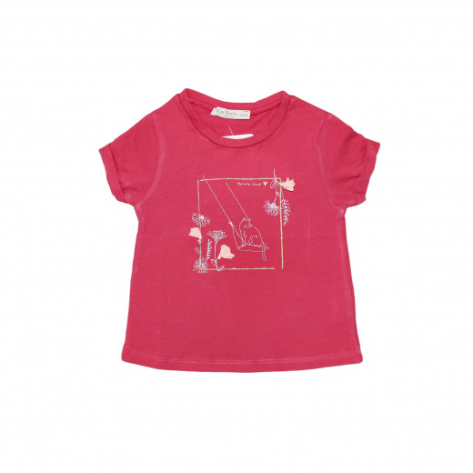 Fuchsia Short Sleeves Girls T-shirt with Nature Lover Design, 9 Months