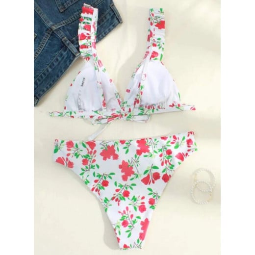 Floral Ruffle Trim Bikini Swimsuit, Size Medium