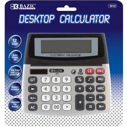 Bazic 12 Digit Dual Power Desktop Calculator With Adjustable Display