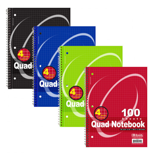 Bazic Quad-ruled Spiral Notebook, 100 Count, Assorted, 1 Piece