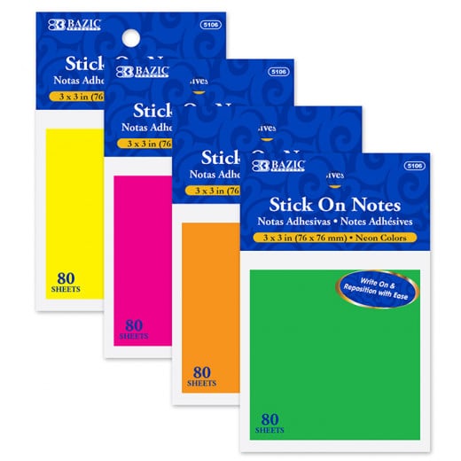 Bazic Neon Stick-On Notes,1 Piece, 80 Paper