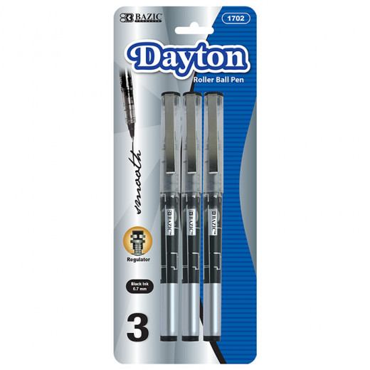 Bazic Dayton Black Rollerball Pen with Metal Clip (3/Pack)
