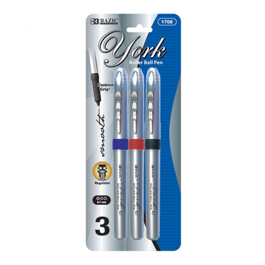 Bazic York Assorted Color Rollerball Pen With Grip (3/Pack)