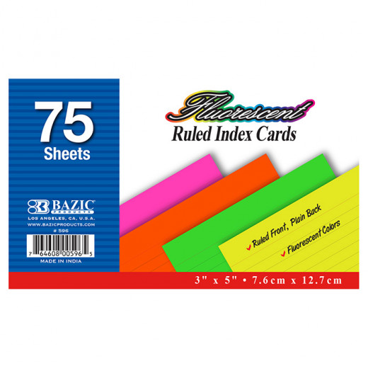 Bazic Basics Index Cards Ruled 75 Pc Fluorescent, Assorted