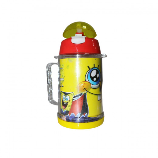 زجاجة مياه مع مصاصة بتصميم  سبونجبوب، أصفر، 600 مل