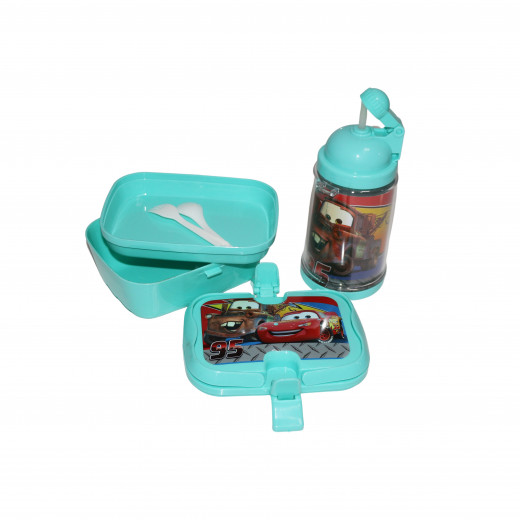 Set Of Lunch Box And Water Bottle, Blue Color, Disney Cars Design