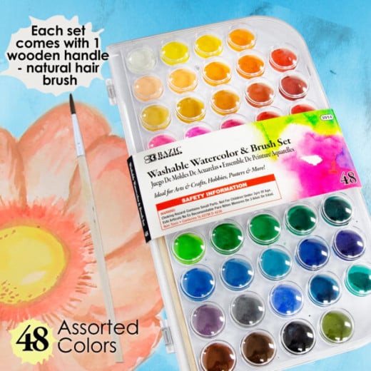 Bazic Washable Watercolor With Brush Set 48 Pieces