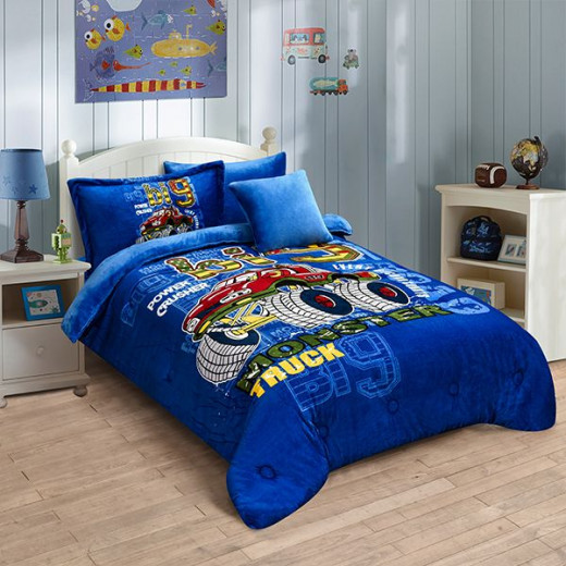 Nova home monster truck printed velvet flannel winter comforter set single/twin blue 5 pcs