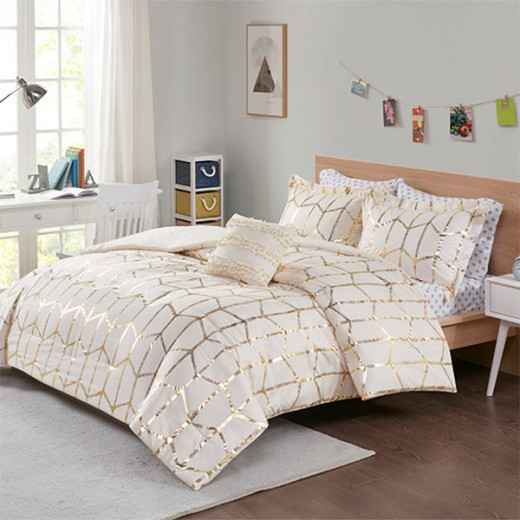 Nova Home Raina Gold Metallic Print Comforter Set, 5 Pieces, Twin Size, Ivory Color