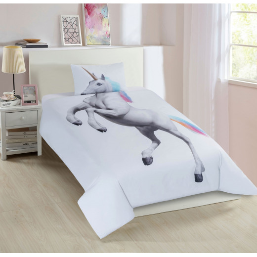 Nova Home Unicorn Design Duvet Cover Set, Cotton, 200 Thread Count, White Color, Twin Size
