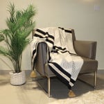 Nova Home Diamond Design Blanket, Hand Knitted Throw With Tassels, Cotton, Mustard & Black Color