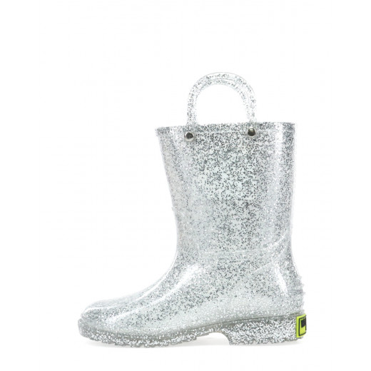 Western Chief Kids Glitter Rain Boots, Silver Color, Size 28