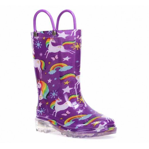 Western Chief Kids Rainbow Unicorn Design Rain Boot, Purple Color, Size 27