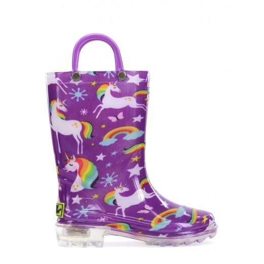Western Chief Kids Rainbow Unicorn Design Rain Boot, Purple Color, Size 23