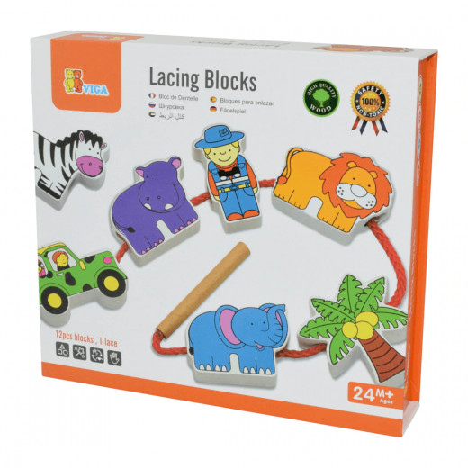 Viga Wooden Educational Toy Lacing Blocks, Zoo Design, 12 Pieces