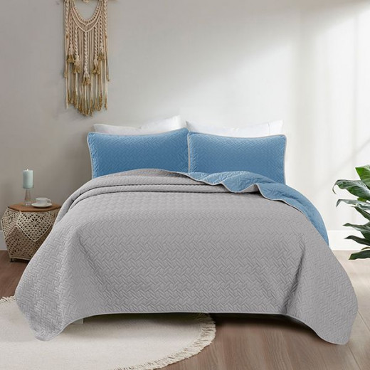 Nova home cross double face bedspread set, blue and silver color, twin size, 3 pieces