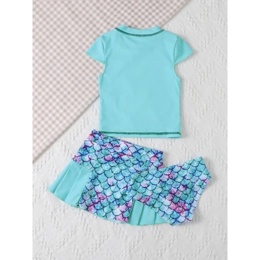 ملابس سباحة للفتيات الصغيرات, بيكيني وتنورة الشاطئ, طباعة سمكة وحورية البحر, 3 قطع