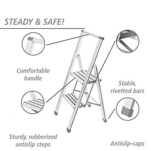 Wenko Aluminum Design Folding Stepladder 2-Step Household Ladder, Aluminum, White
