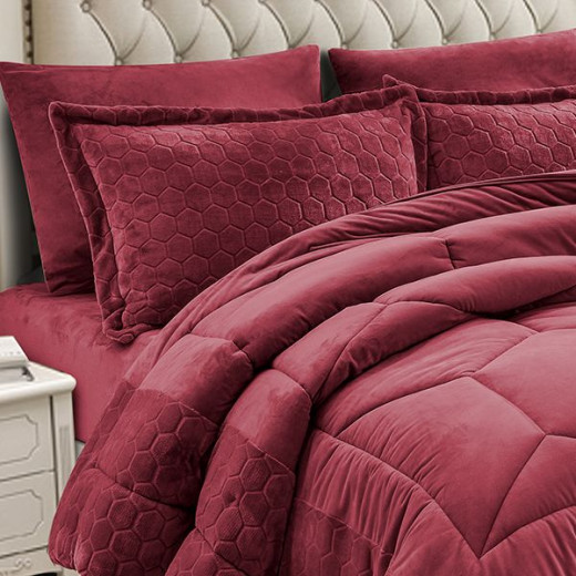 Nova Home Bee Cell Embossed Flannel Winter Comforter Set - King/Super King - Burgandy 6 Pcs