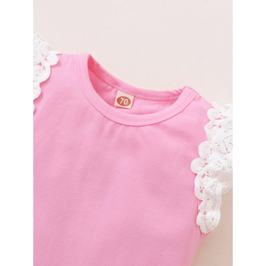 Baby Guipure Lace Trim Bodysuit, Pink Color