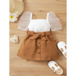 Baby Contrast Mesh Puff Sleeve Top and Belted Skirt