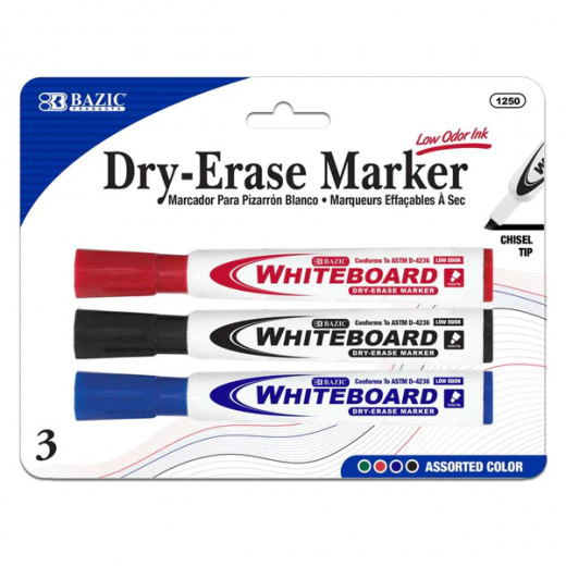 Bazic Chisel Tip Dry Erase Markers, Assorted Color, 3Pack