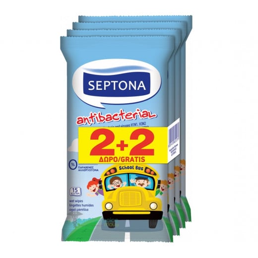 Septona Antibacterial Kids Wipes 15 Wipes, 2 +2