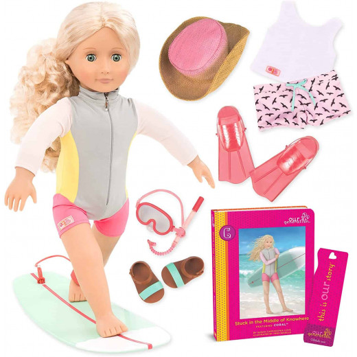 Our Generation Coral with Storybook & Accessories Posable Surfer Doll