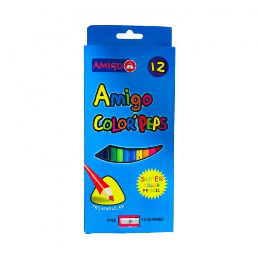 Amigo Color Peps Triangular Pencil + Free Sharpener, 12 Pieces