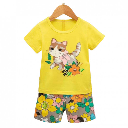 Half Sleeves T-shirt & Short Pants Pajama Set, Cat Design, 3-4 Years