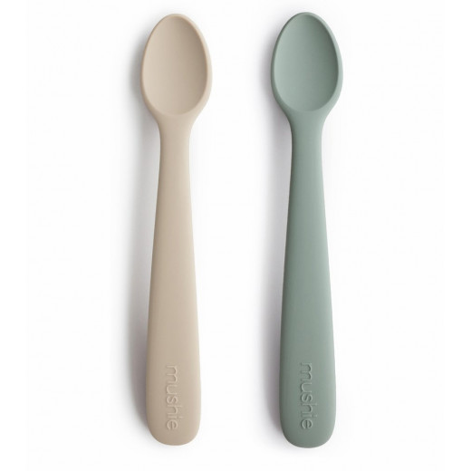 Mushie Silicone Baby Feeding Spoons, 2 Packs, Beige & Green Color