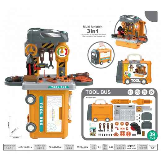 Kids play set ,3-in-1 Tool Bus,39 pieces
