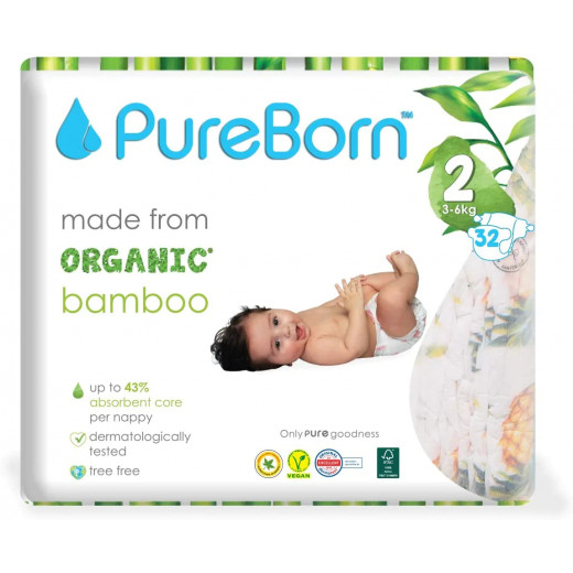 Pure Born Organic Nappies Single Pack, Tropic Design, Size 2, 3-6 Kg, 32 Pieces