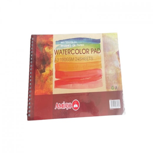 Amigo Watercolor Brushes On Paper, Watercolor Pad A3 190gsm, 24 Sheets