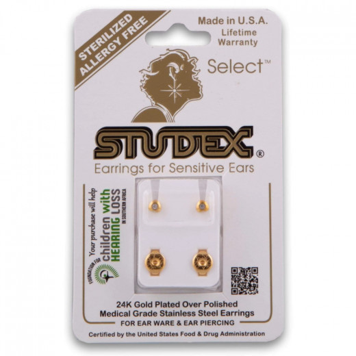 Studex Stainless Steel 24K Gold Plated Earrings - Regular Heartlite Crystal