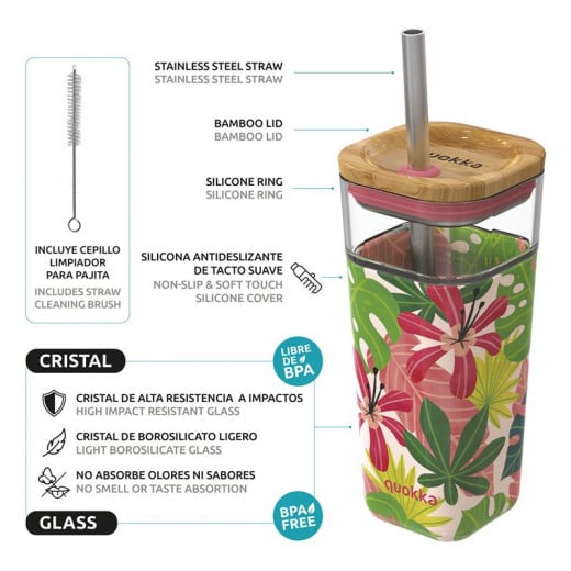 Quokka Glass Tumbler with Steel Straw, Jungle Design, 540 Ml