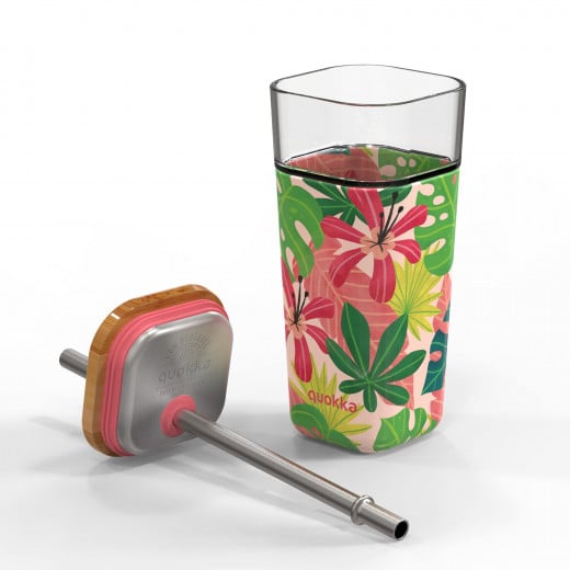 Quokka Glass Tumbler with Steel Straw, Jungle Design, 540 Ml