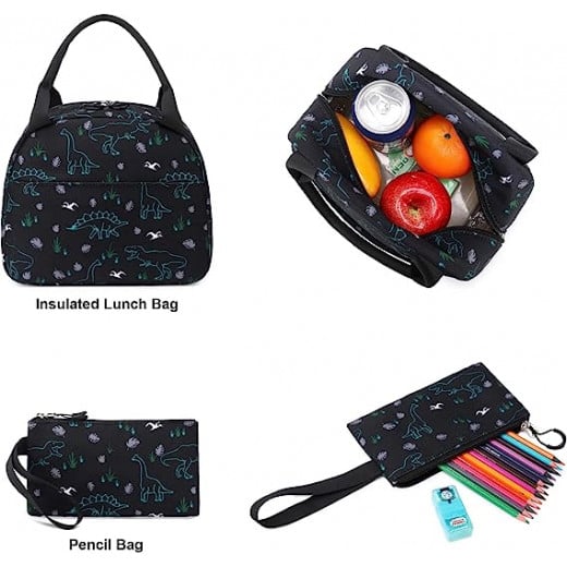 حقيبة ظهر مدرسية للأولاد مع حقيبة غداء ومقلمة تنين
